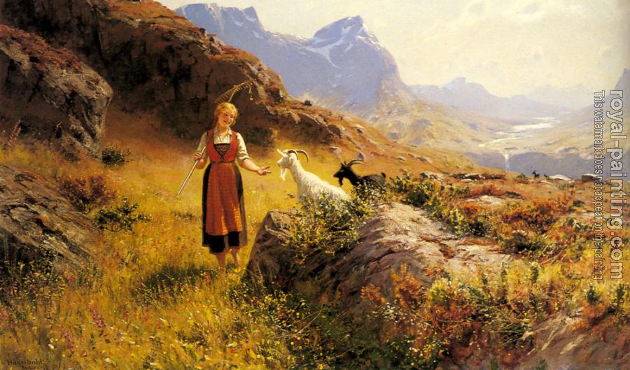 Hans Dahl : An Alpine Landscapewith a Shepherdess and Goats